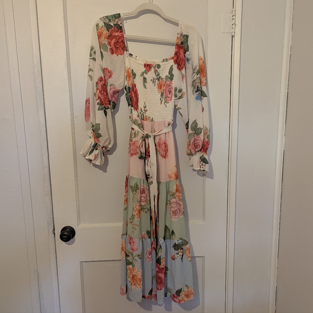 Floral Square Neck Sundress with Bishop Sleeves